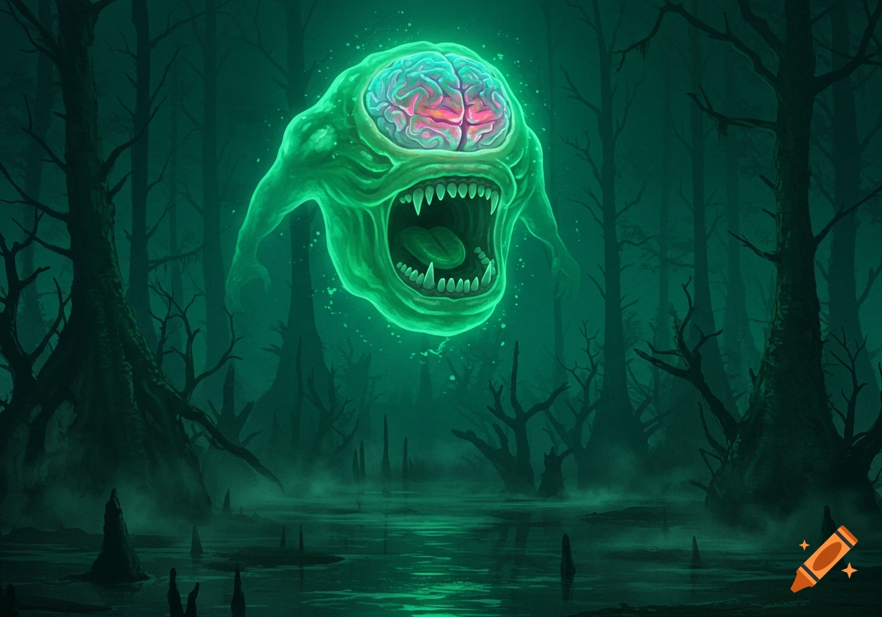 An ethereal green monster with a glowing brain and large fanged mouth floats above a dark, misty swamp.
