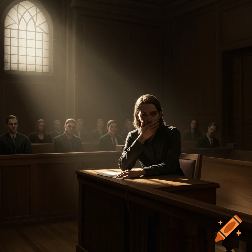 A distressed witness with a hand over their mouth sits on the stand in a dimly lit courtroom, bathed in a dramatic beam of light from a window.