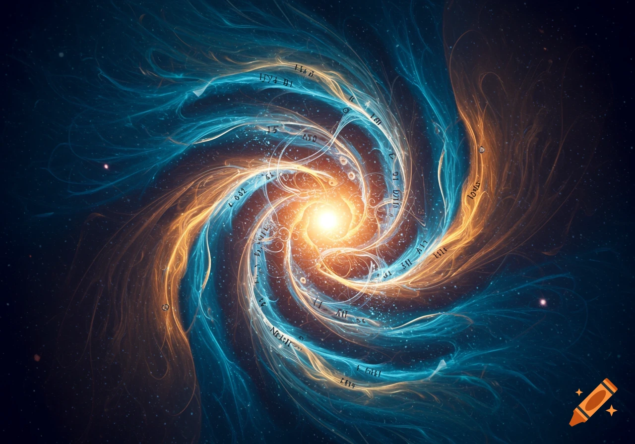 Abstract swirling vortex of bright orange and blue light, resembling a galaxy, against a dark starry background with illegible text fragments.