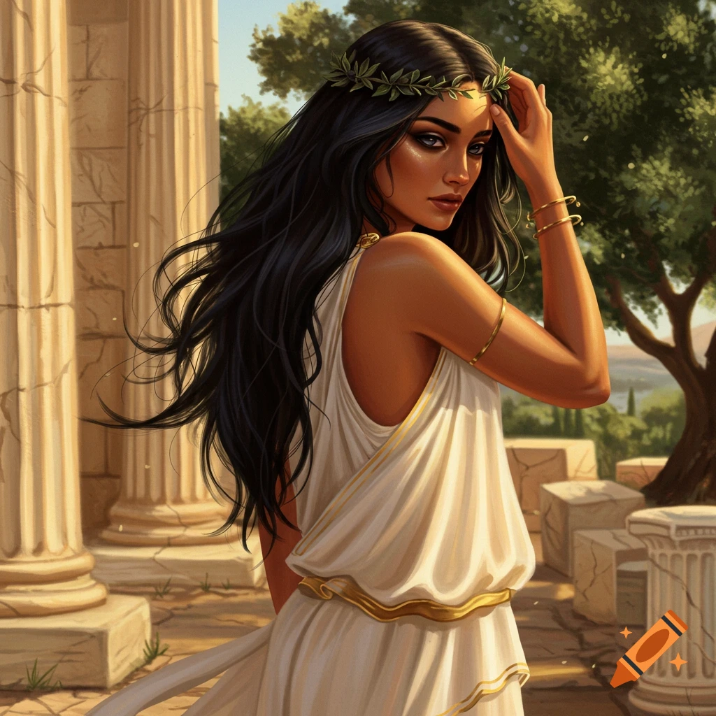 A beautiful woman with long dark hair and a leaf crown, wearing a white Greek dress, stands amidst ancient ruins.