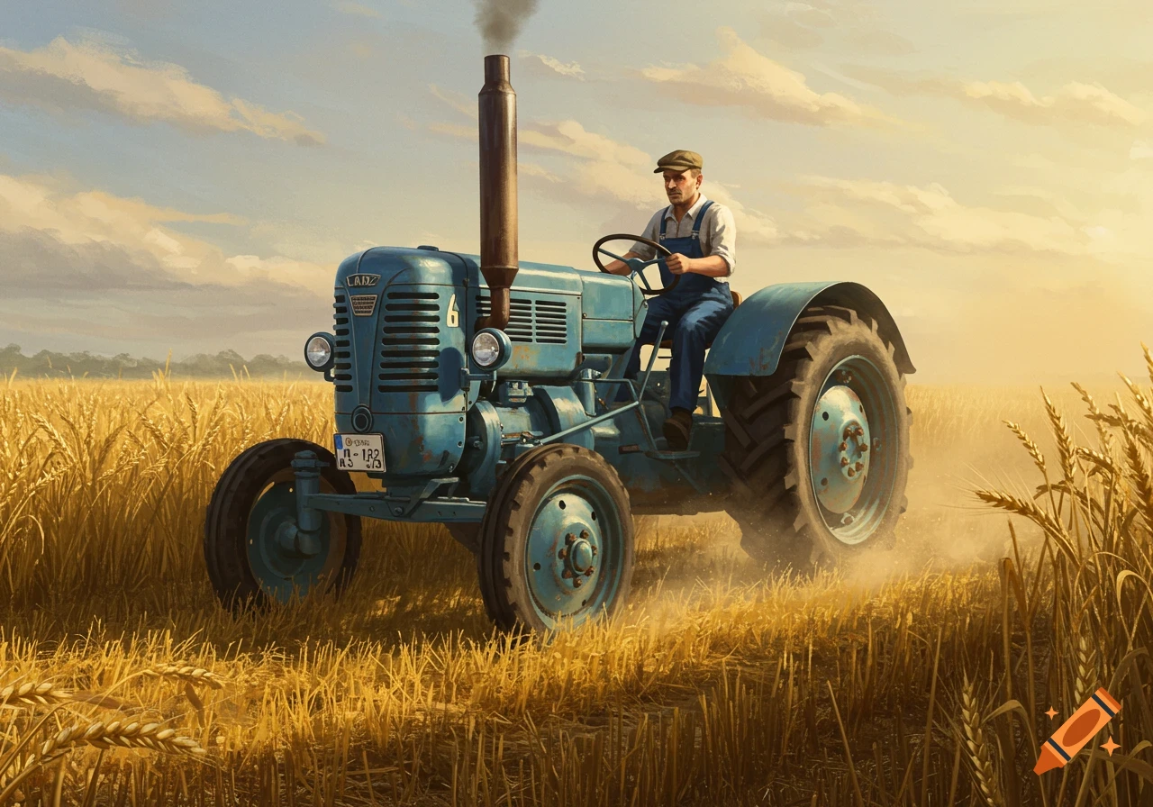 A farmer drives a blue vintage Lanz tractor through a golden wheat field under a cloudy sky, with smoke rising from its exhaust.