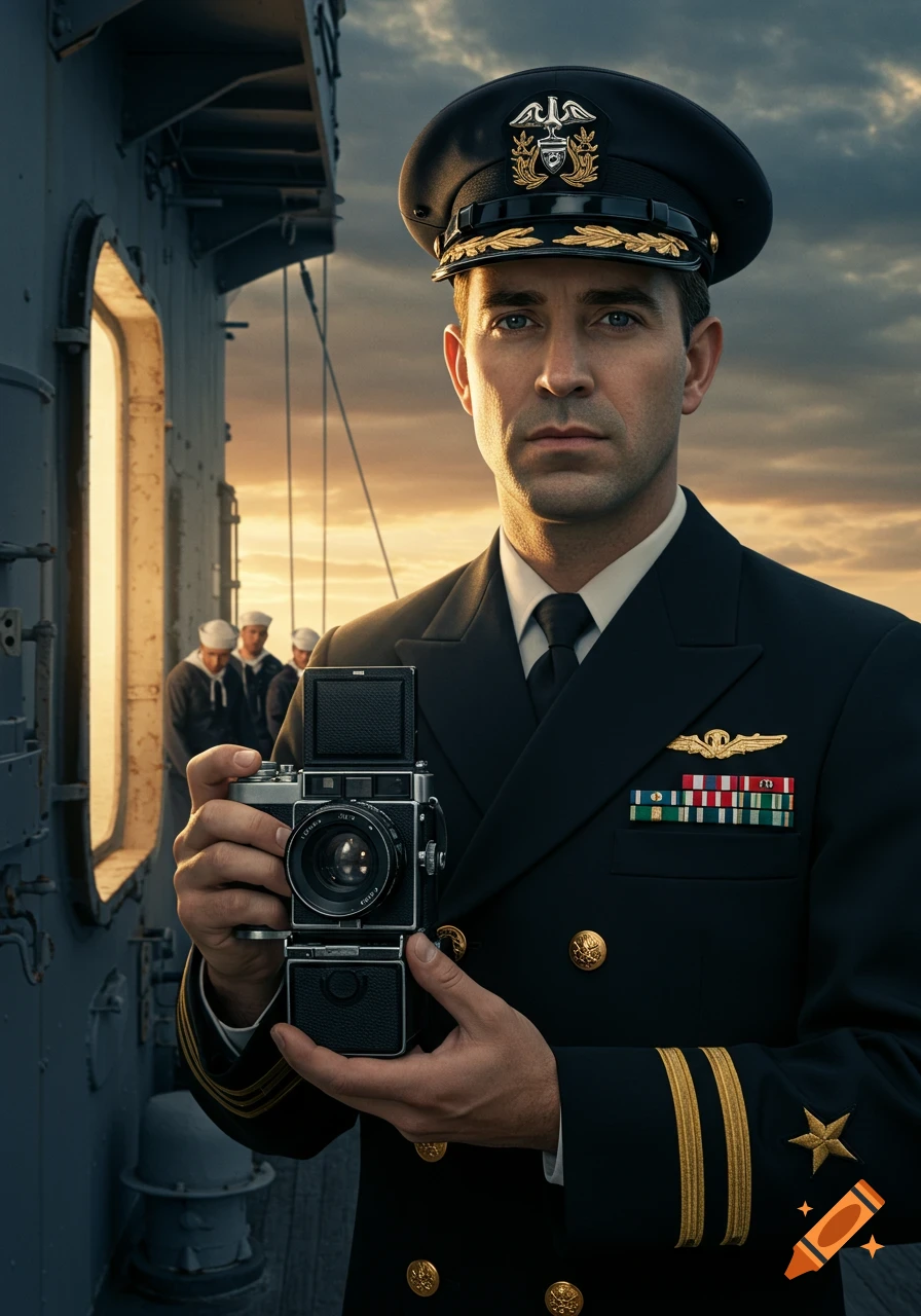 A man in a US Navy uniform holds a vintage film camera on a ship deck ...