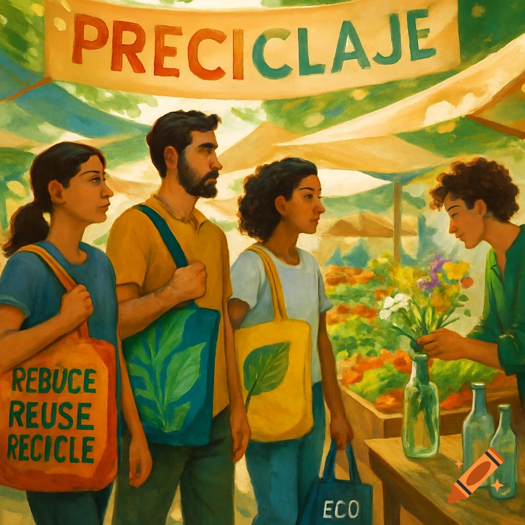 People with reusable bags at an outdoor market, one person is buying flowers. A banner overhead reads "PRECICLAJE".