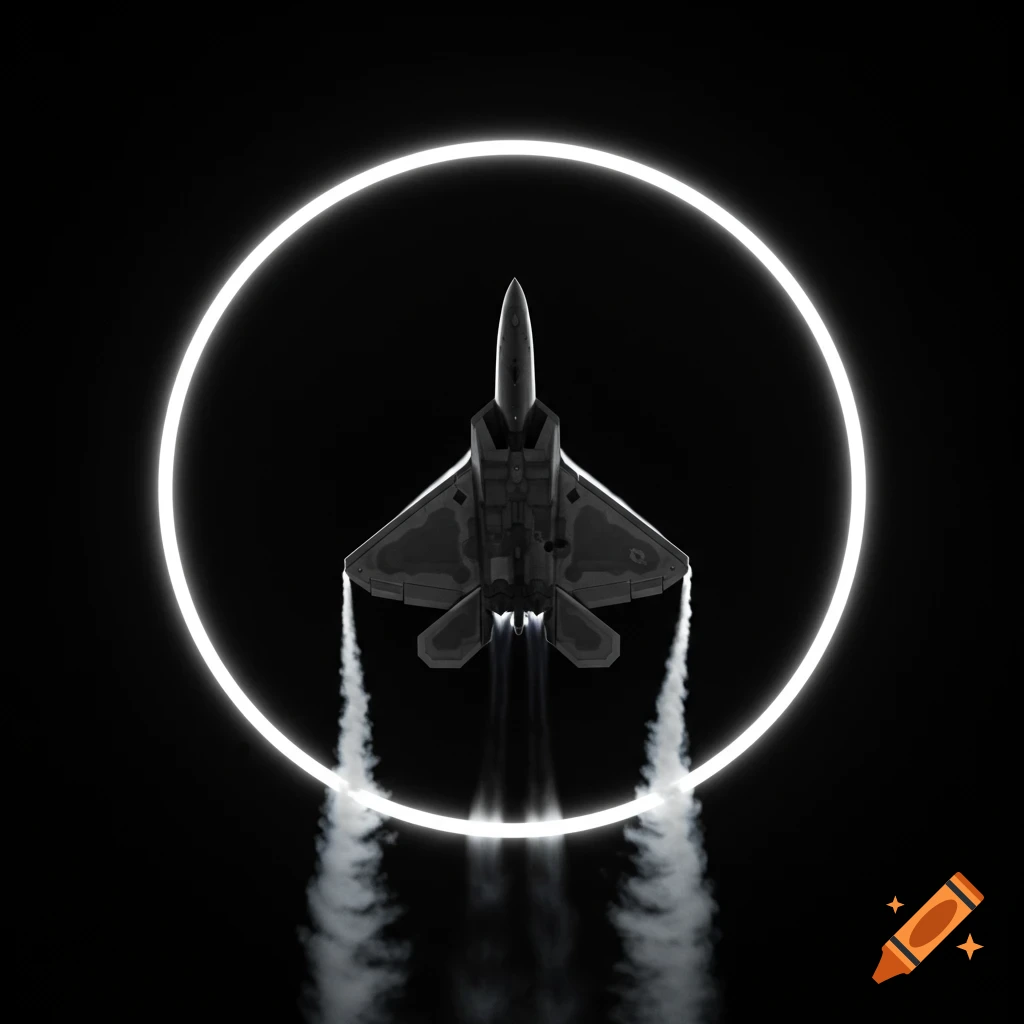 A gray F-22 fighter jet flying upwards, centered within a bright white glowing ring against a black background, with smoke trails from its engines.