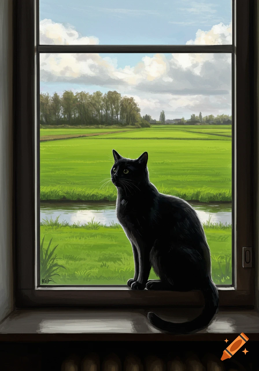 A black cat sits on a window sill, looking out at a green field, canal ...