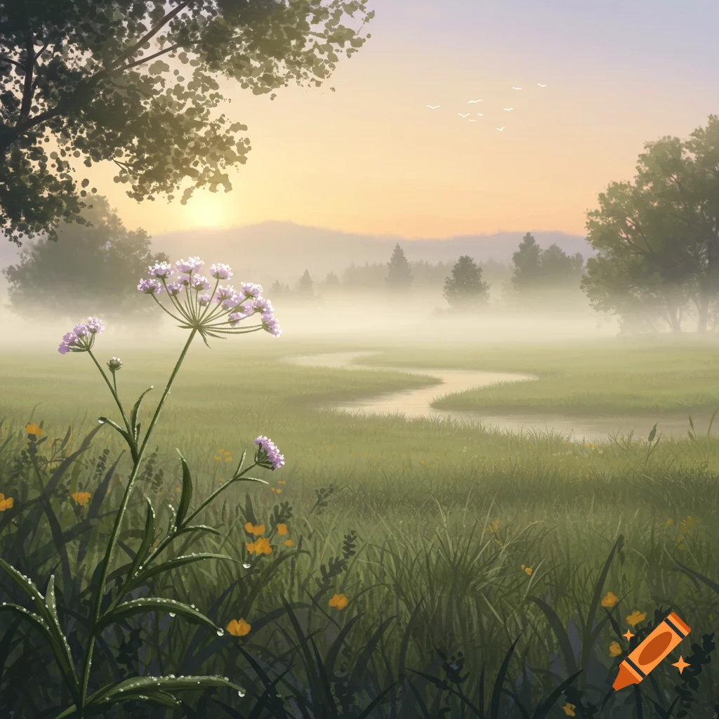 Misty meadow at sunrise with purple wildflowers in the foreground, a winding stream, and distant trees in an illustration.