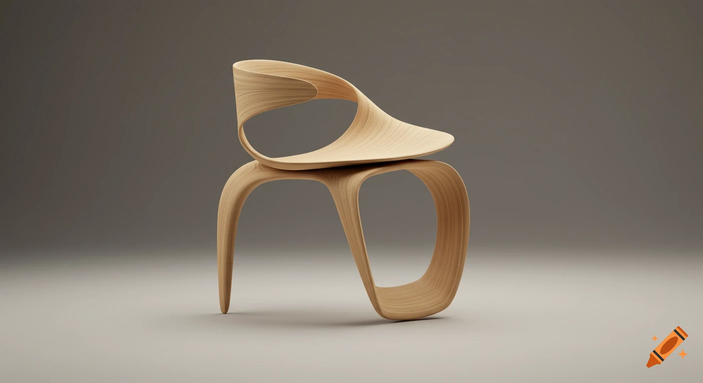 A modern, abstract wooden chair or assistive device with smooth, continuous organic curves, displayed in a softly lit studio.