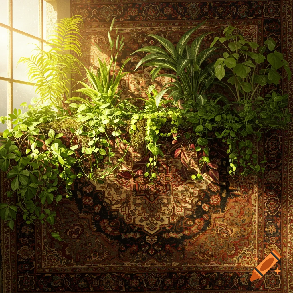 Lush green plants on a shelf against a richly patterned Persian rug, bathed in sunlight from a window, in a photorealistic style.