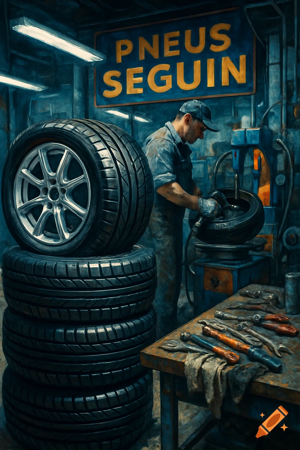 A mechanic works on a tire in a grunge-style garage with a 'PNEUS SEGUIN' sign, surrounded by stacked tires and tools.