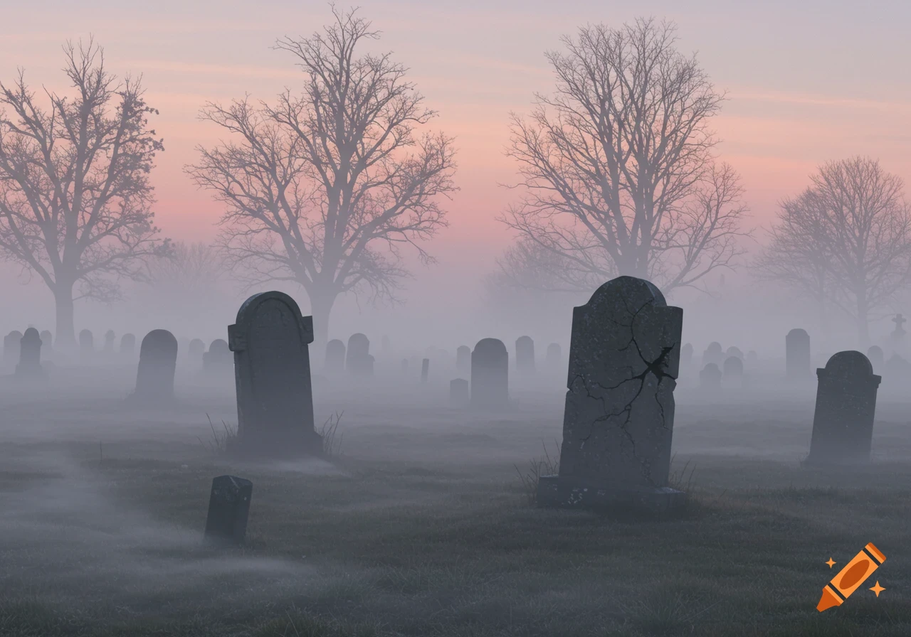 A misty graveyard at dawn with numerous tombstones and silhouetted bare trees against a pink sky.
