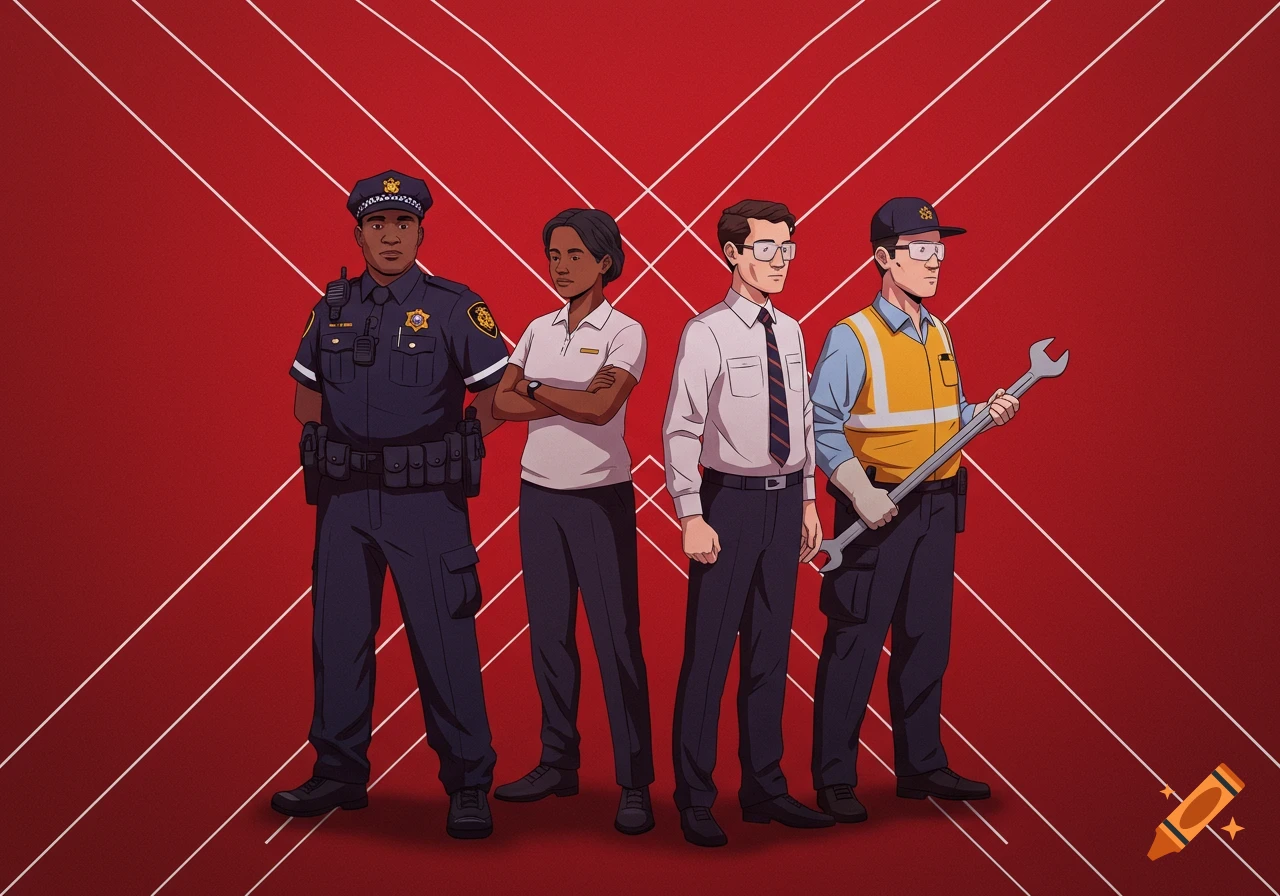 An illustration of a police officer, social worker, administrative employee, and technician standing against a red background with white lines.