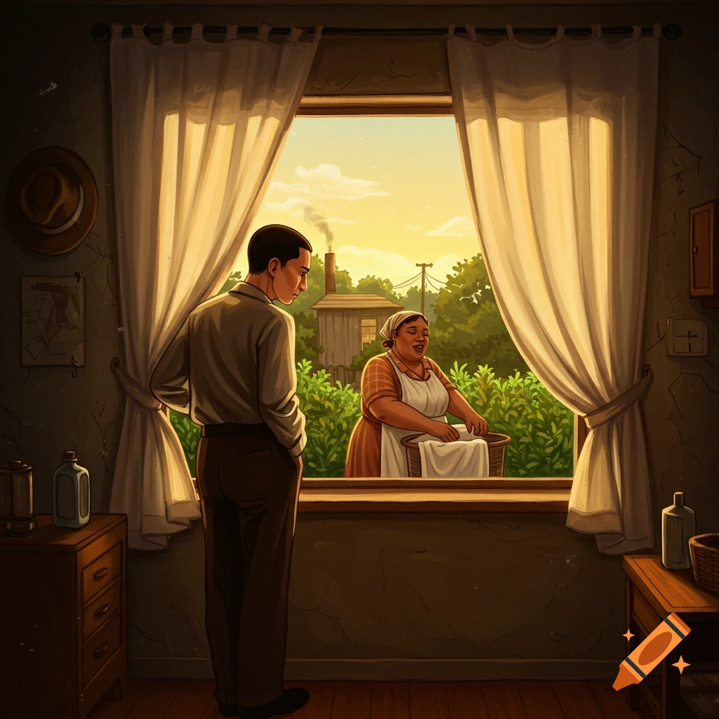 A man looks through a window at a woman doing laundry in a sunlit yard, in a warm, illustrative style.