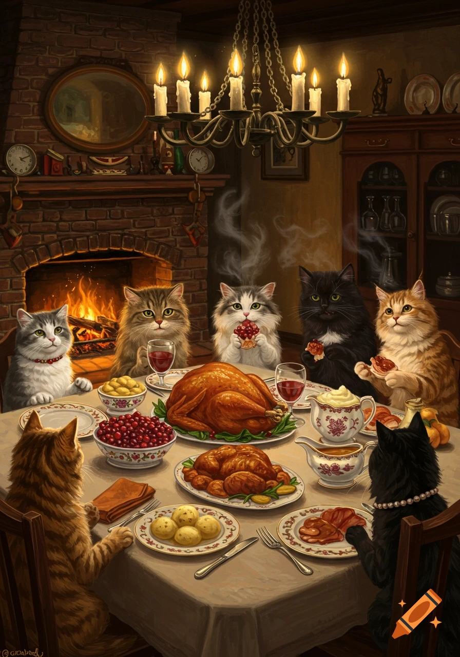 Anthropomorphic cats enjoy a large dinner with roasted turkeys and side dishes around a table in a cozy, fire-lit room, in a painting style.