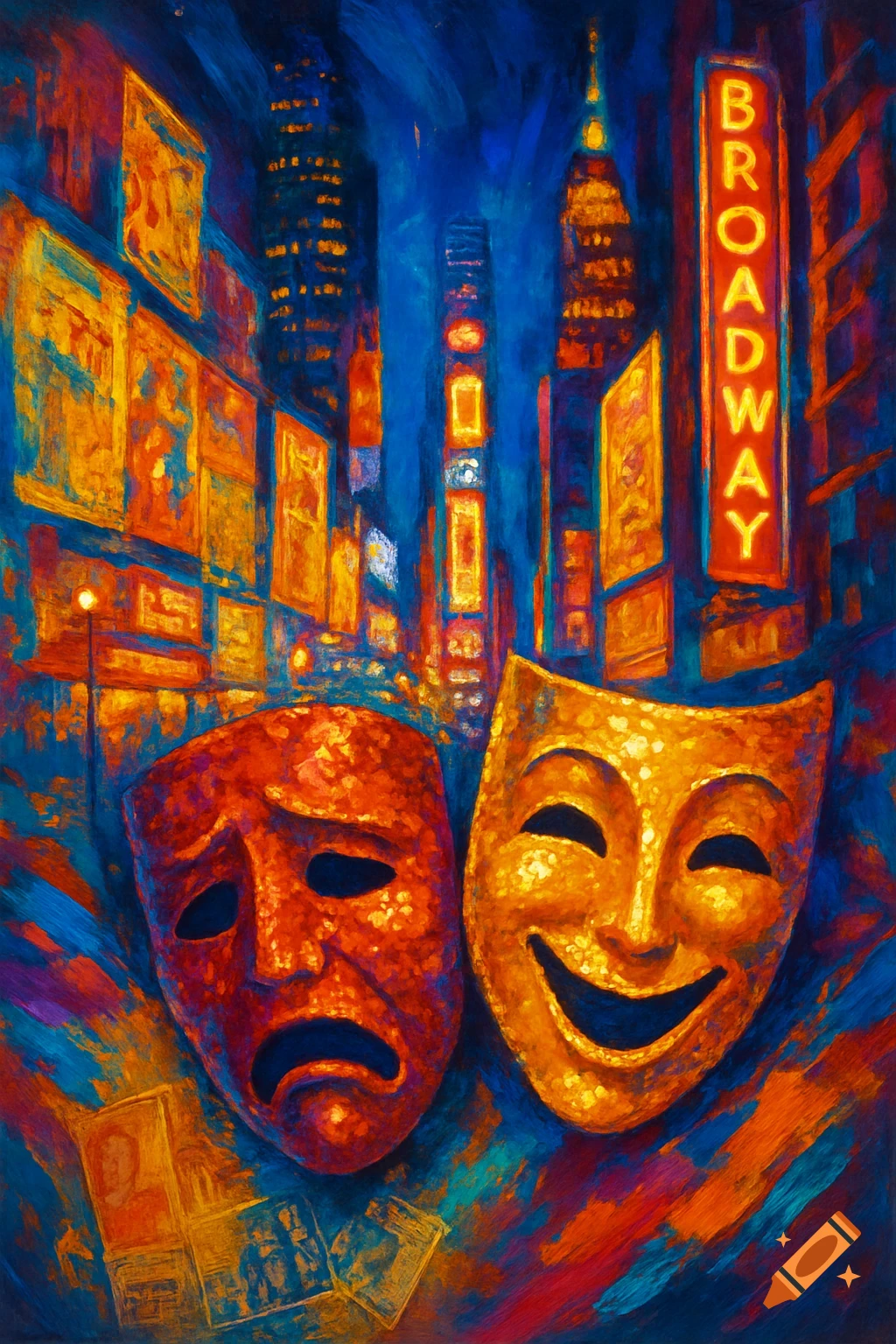 An impressionistic painting showing red and gold comedy and tragedy masks against a vibrant blue background of a stylized Broadway cityscape at night, with a prominent 'BROADWAY' sign.