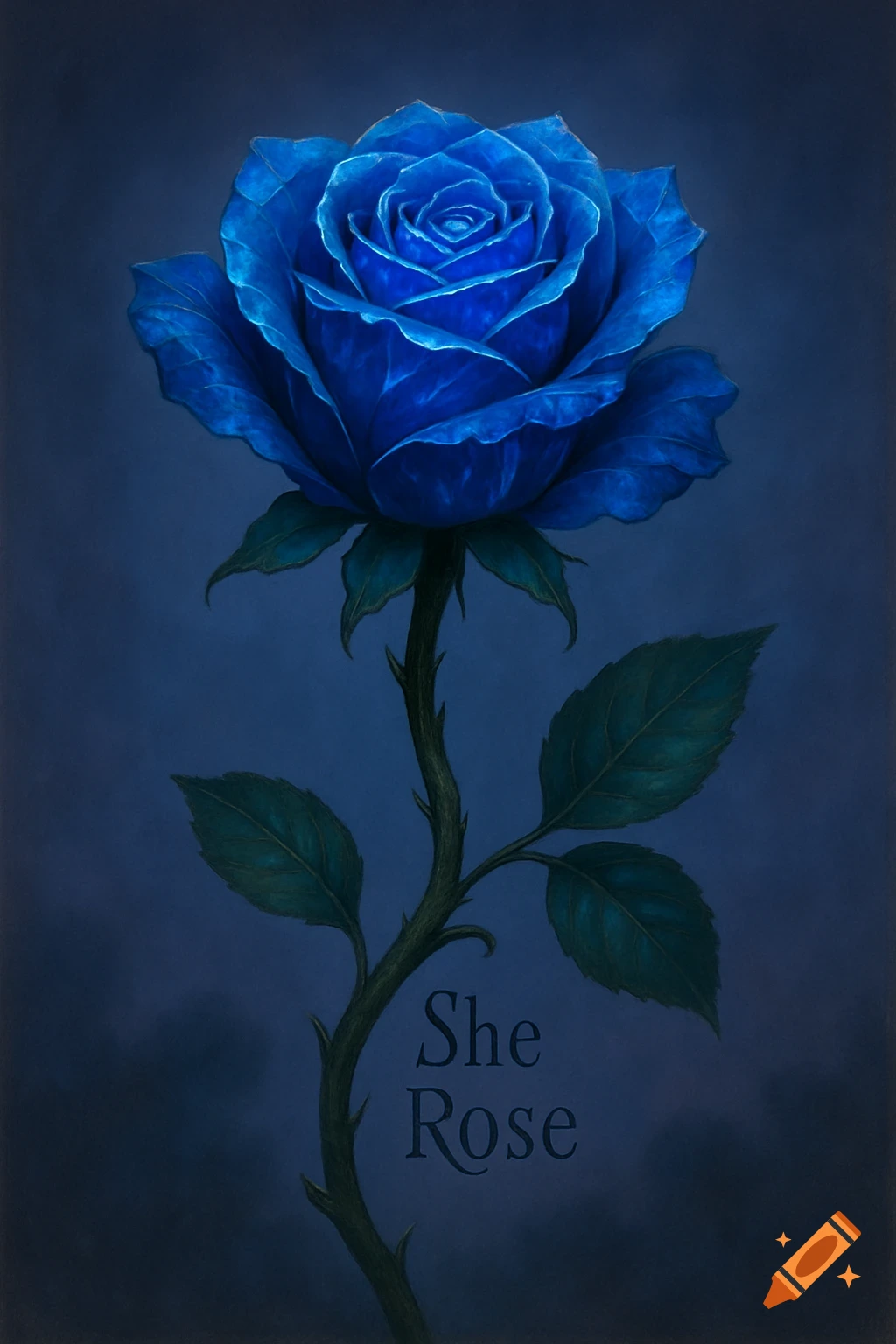 A vibrant blue rose with a dark green stem and leaves against a deep blue background. The words 'She Rose' are subtly carved into the stem.