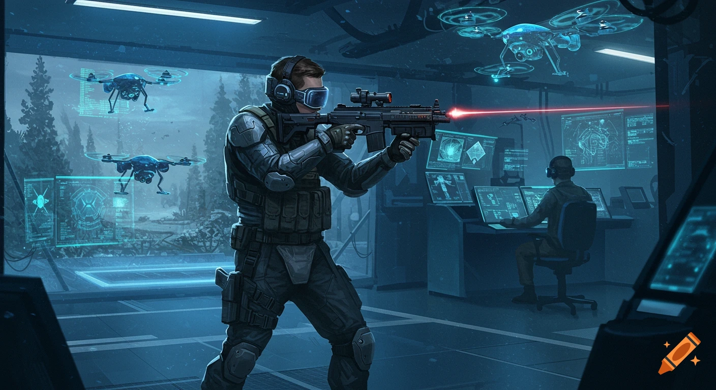 Soldier in VR headset aims a futuristic rifle with a laser sight in a sci-fi control room, surrounded by holographic screens and drones, with a snowy forest outside.