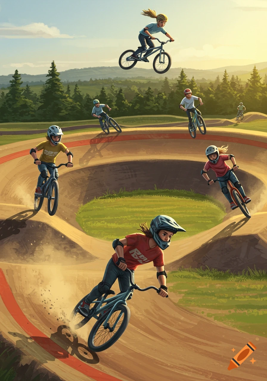 Young people on BMX bikes ride a dirt pump track with turns and jumps under a clear sky with green trees in the background, illustrated in a dynamic style.