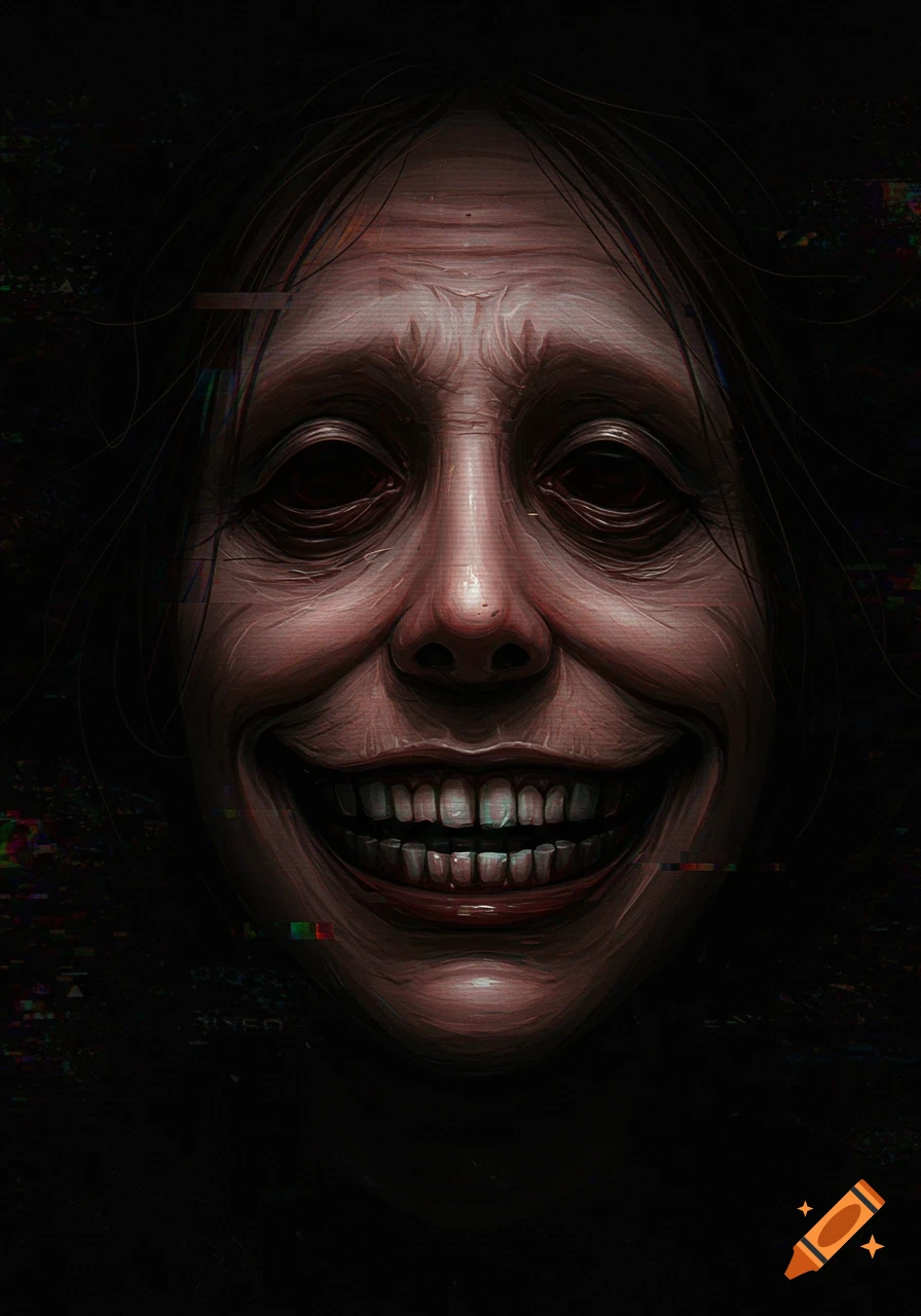 A creepy, pale face with dark eyes and a wide, unsettling smile, surrounded by glitchy static against a dark background.