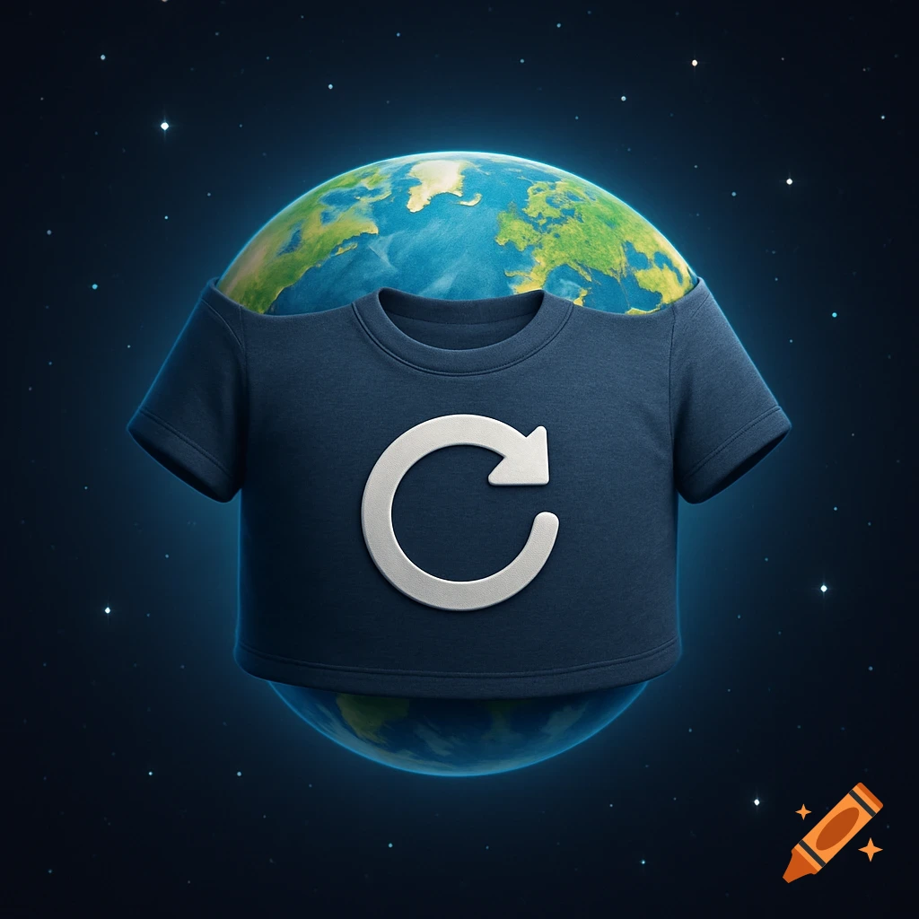 A stylized Earth planet wearing a dark blue t-shirt with a white refresh arrow symbol, set against a starry space background.