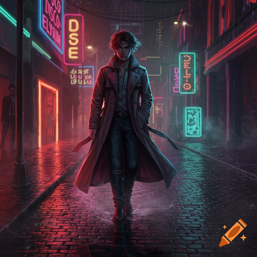 A man in a trench coat walks down a wet, neon-lit street in the rain, inspired by Disco Elysium.