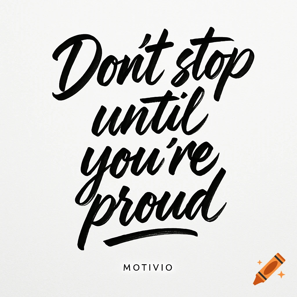 Black script text "Don't stop until you're proud" with "MOTIVIO" below on a white background.