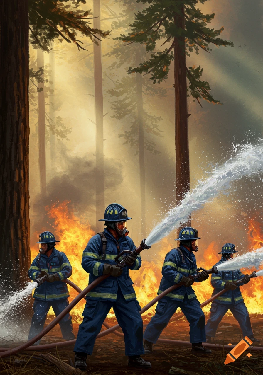 A group of firefighters in blue suits battle a dramatic forest wildfire, spraying water from hoses as sunlight filters through smoke.