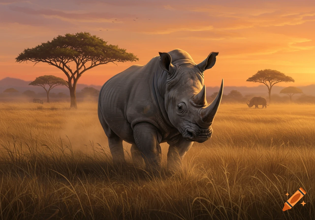 A large grey rhinoceros stands prominently in a golden savanna field, with another rhino and acacia trees in the background at sunset.