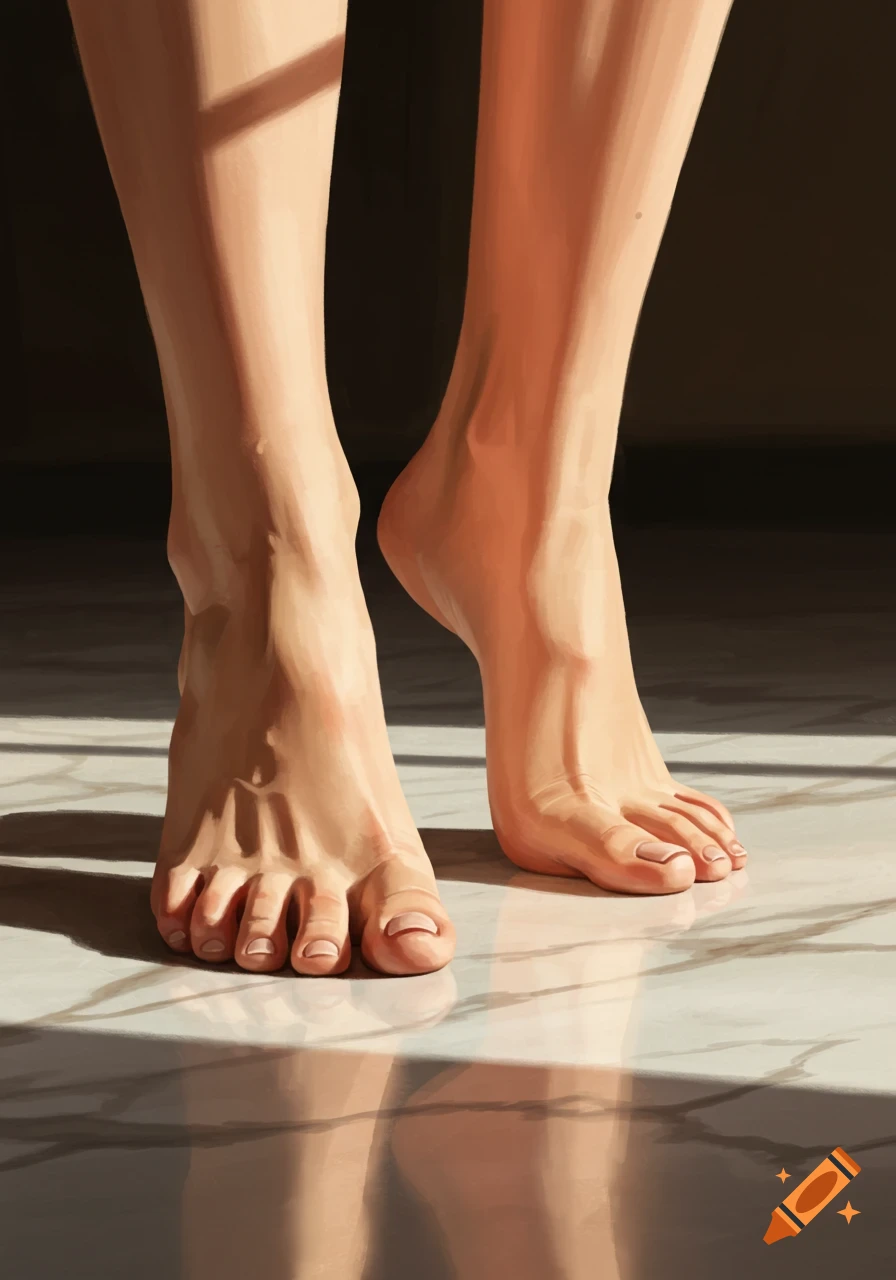 A digital painting of human feet standing on a reflective floor, with sunlight casting shadows.