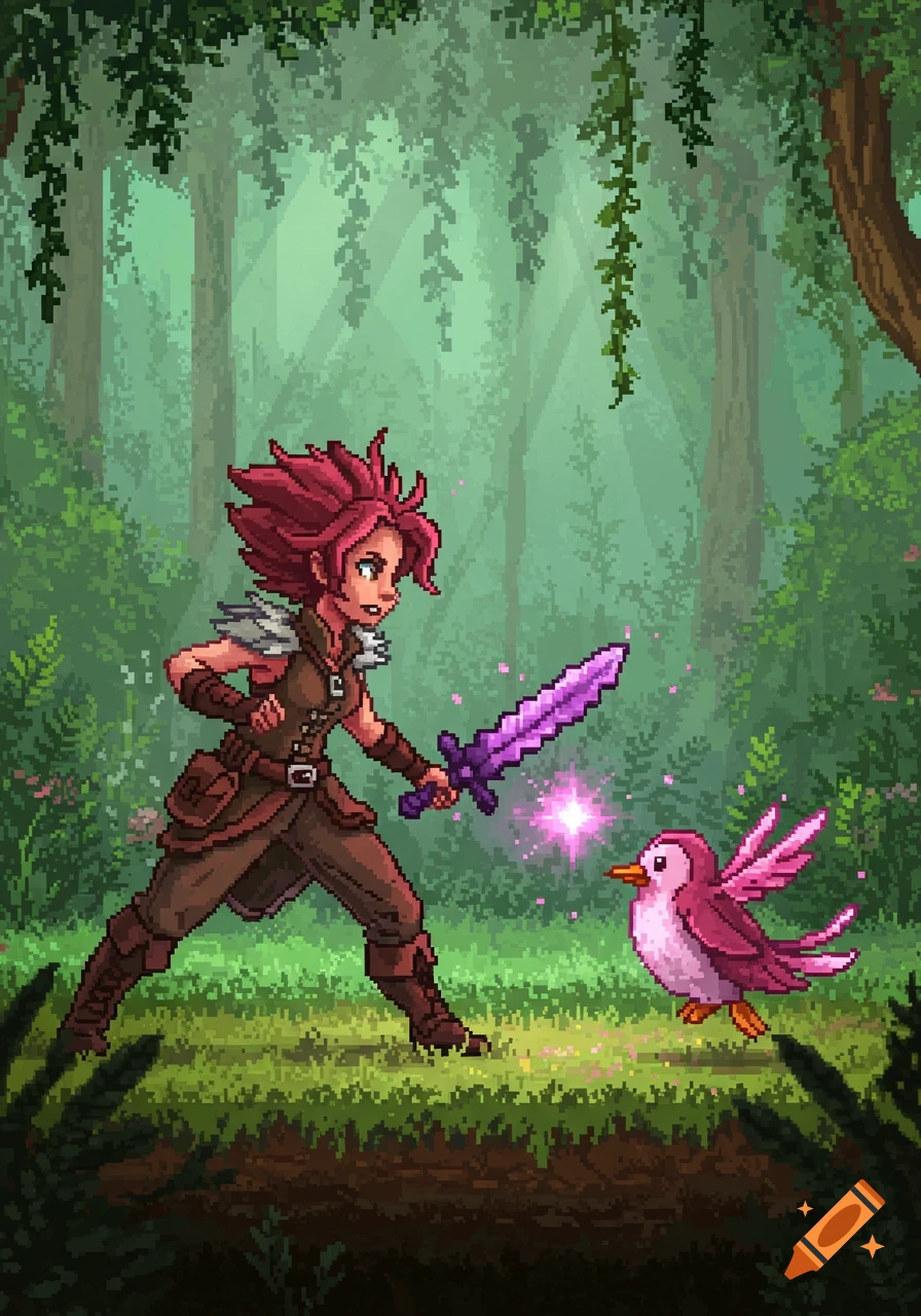 Pixel art of a pink-haired adventurer holding a glowing purple sword ...