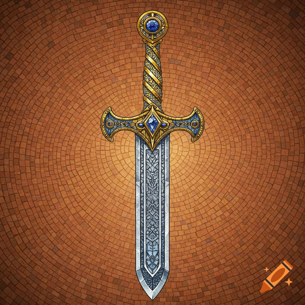 An ornate golden and silver sword with blue gems, against a warm brown mosaic background.