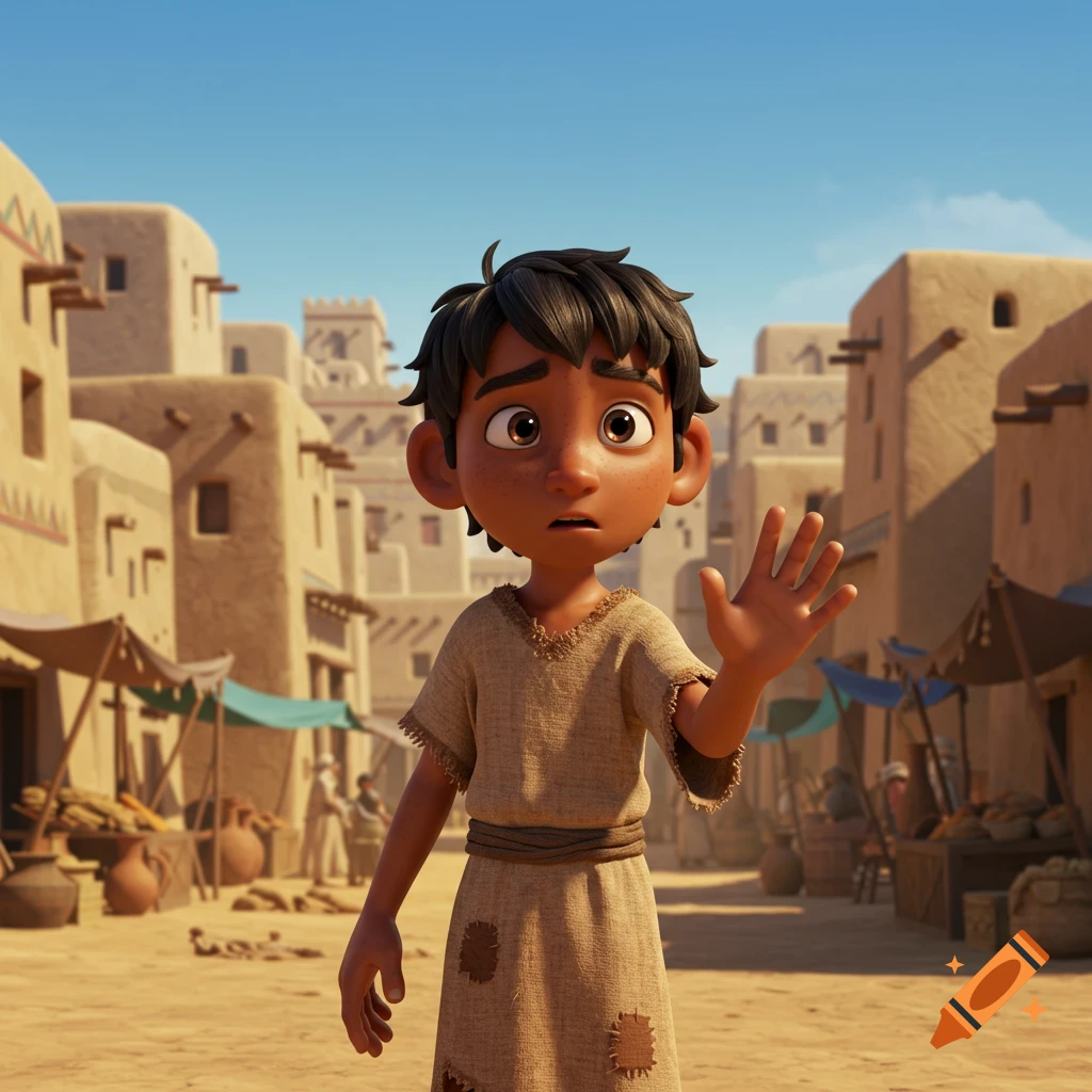 Pixar cartoon of a sad boy in a dusty ancient town, raising his hand.