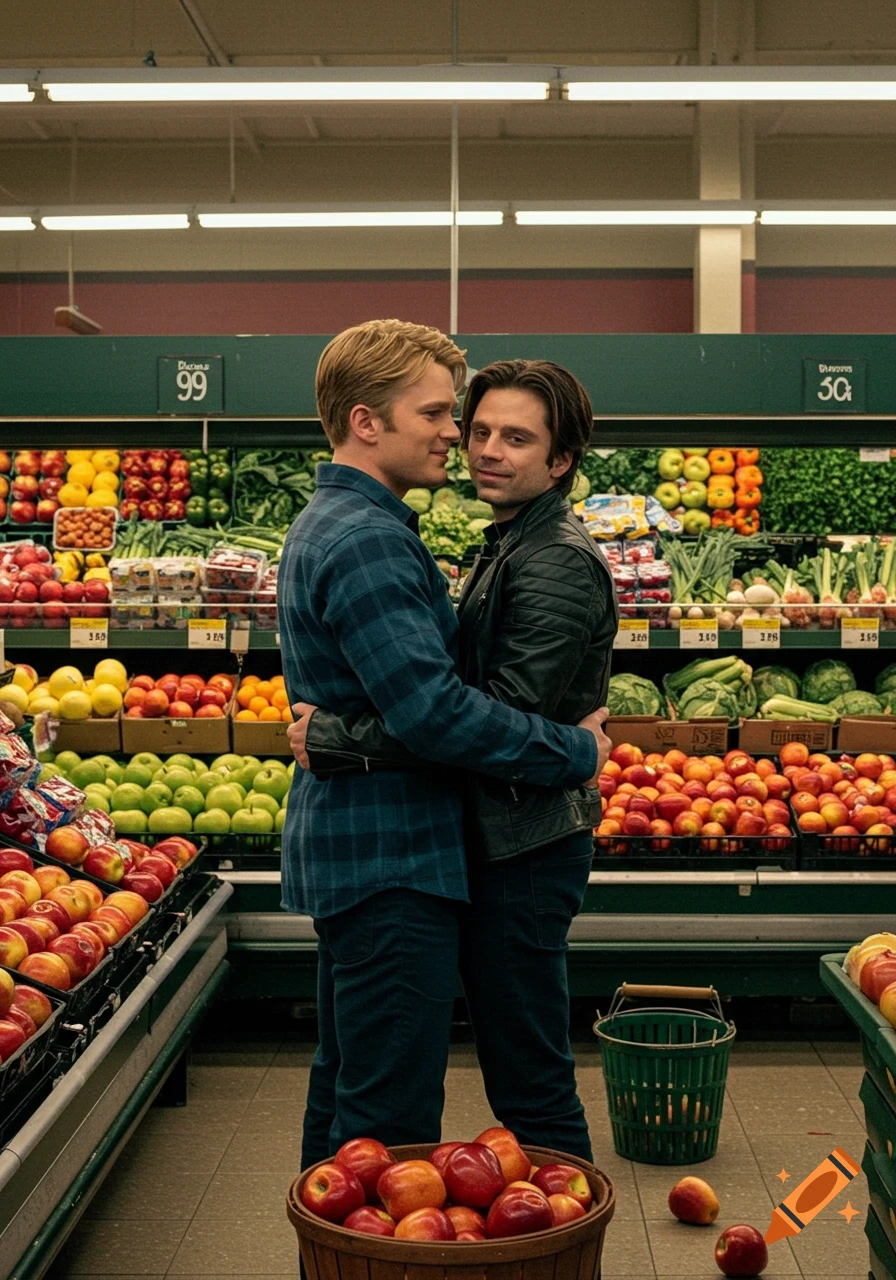 Two men resembling Steve Rogers and Bucky Barnes embrace intimately in a brightly lit grocery store aisle filled with fresh produce.