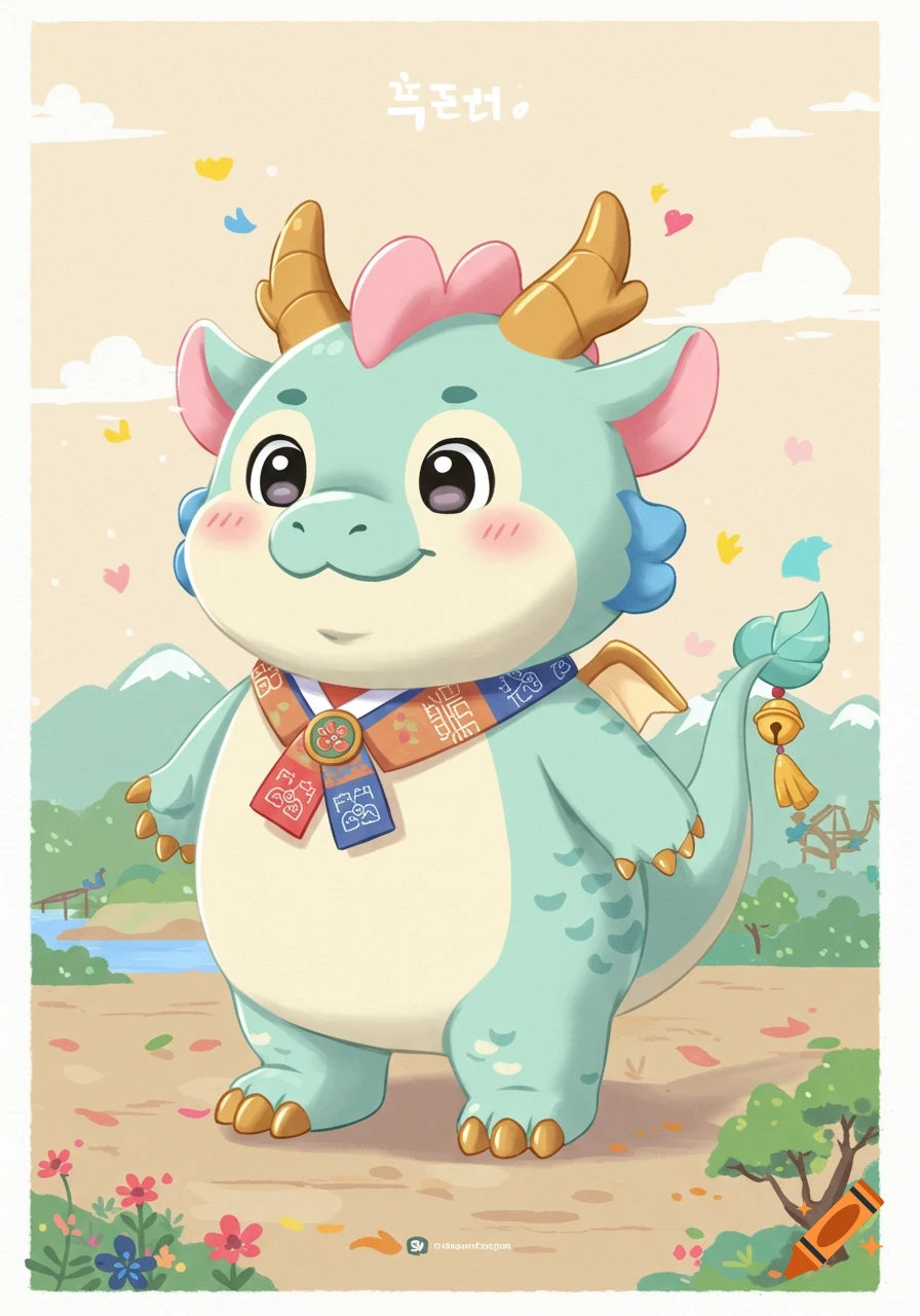 A cute, mint green baby dragon with large eyes and rosy cheeks wears a traditional Korean scarf, standing in a scenic landscape with mountains and flowers.