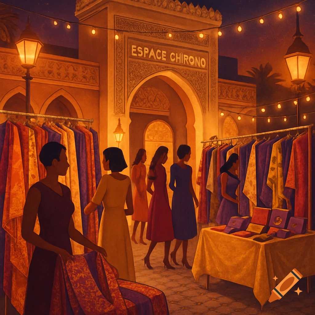 Women shop for clothes and items at a lively outdoor night market with an arched entrance and string lights.