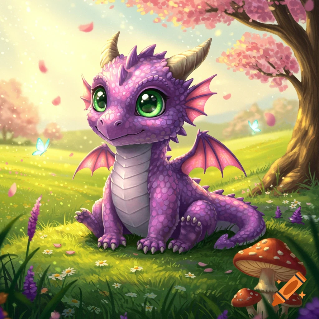 A cute purple baby dragon with big green eyes sits in a sunny, flower-filled spring meadow under cherry blossom trees.