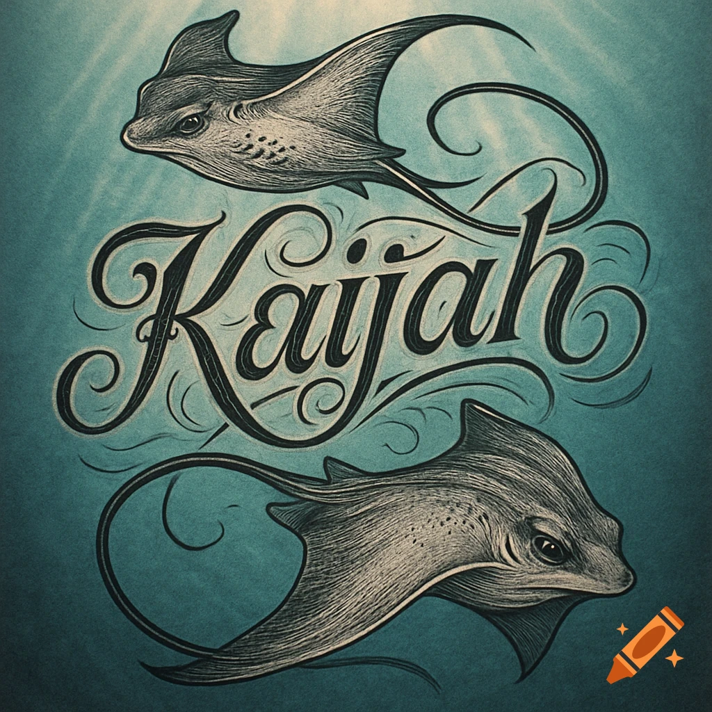 Tattoo-style illustration of two stingrays framing the script word 'Kaijah' against a blue background.