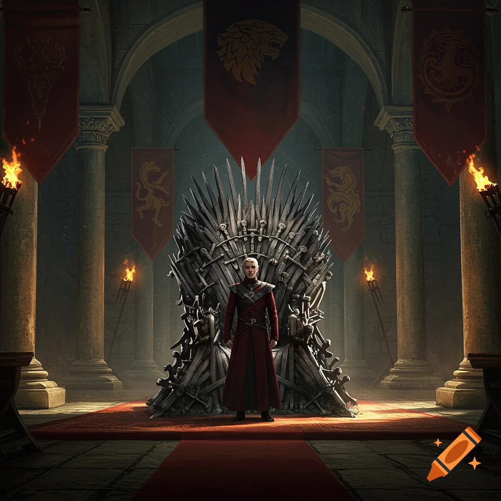 A white-haired person in a red tunic stands before the Iron Throne in a dark, torchlit hall with house banners.