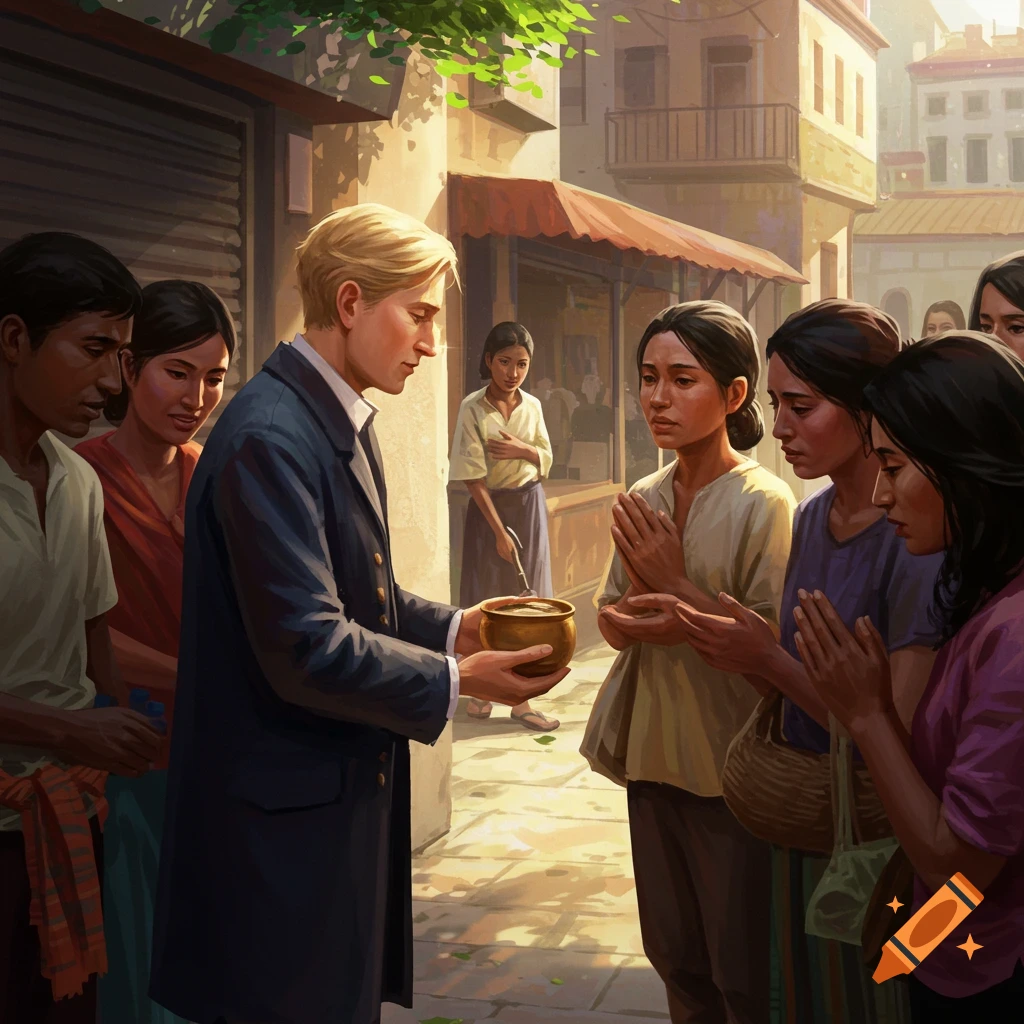 A light-haired man in a dark coat holds a bowl, surrounded by people in traditional attire making respectful gestures on a sunlit street.