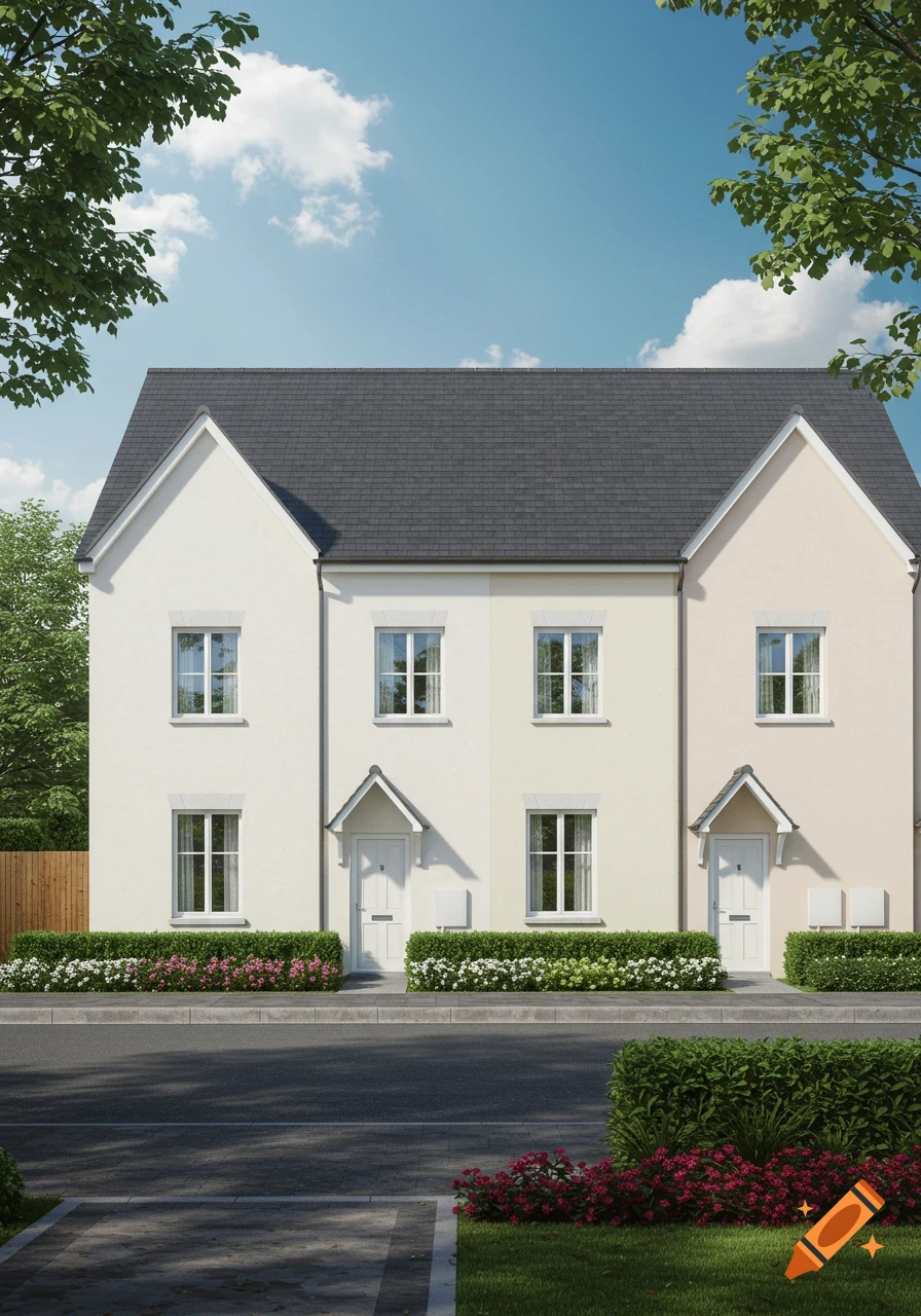 Three identical modern terraced houses with off-white facades, dark roofs, white windows, and green hedges under a blue sky.