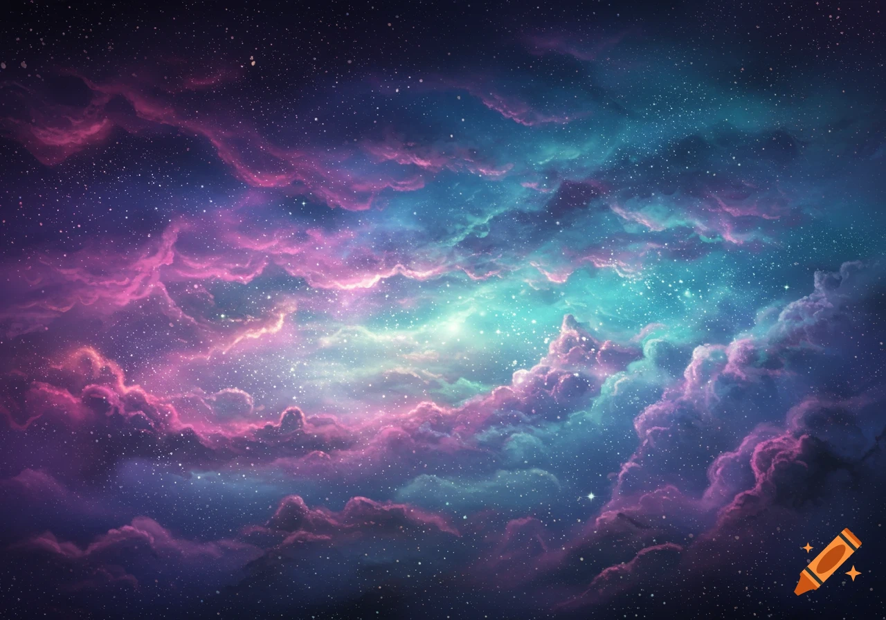 A vibrant, dreamy galaxy sky with swirling pink and teal nebulae and countless stars.