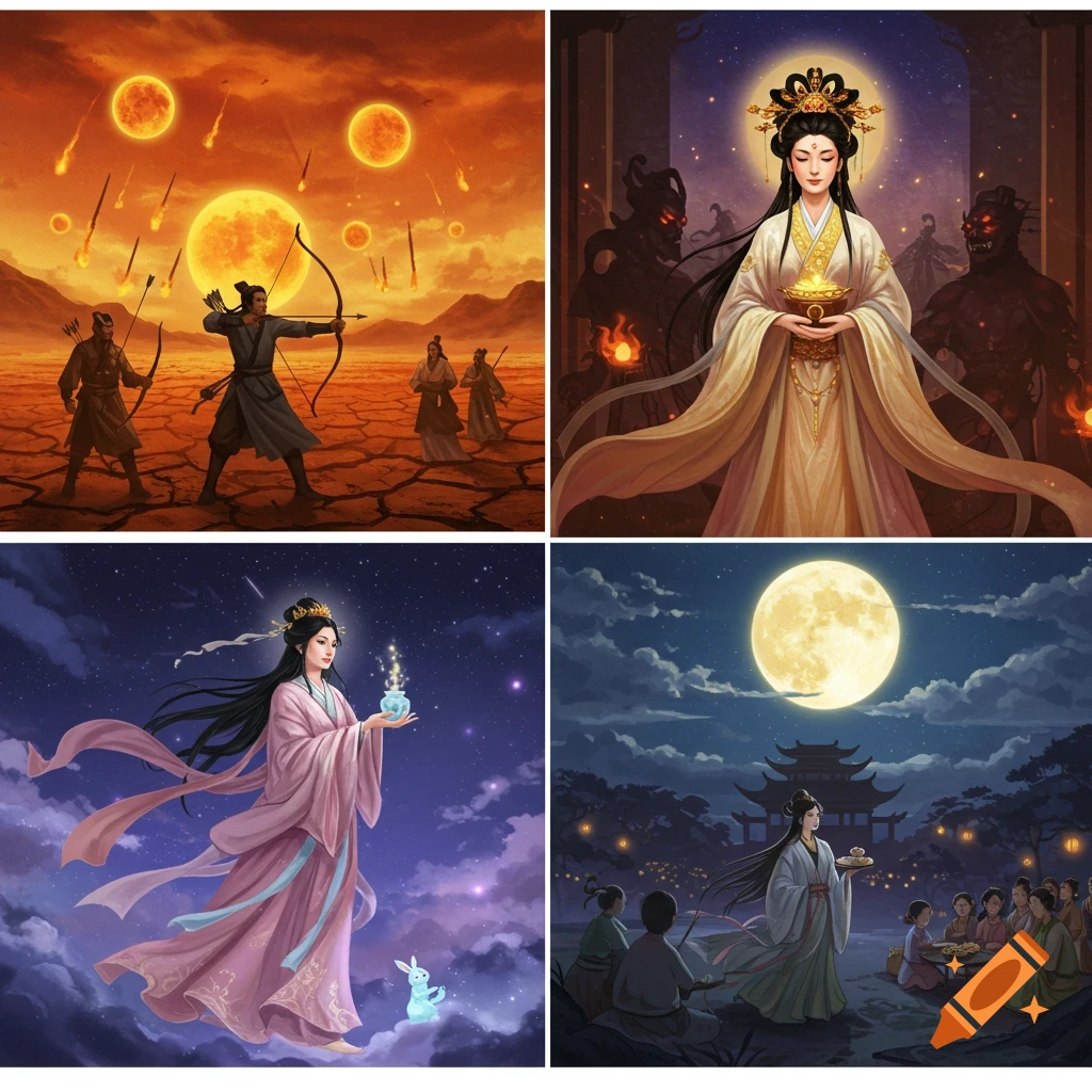 Four panels illustrate the Chang'e myth: Hou Yi shooting suns, Chang'e as a deity, Chang'e flying with a rabbit, and sharing mooncakes under a full moon.