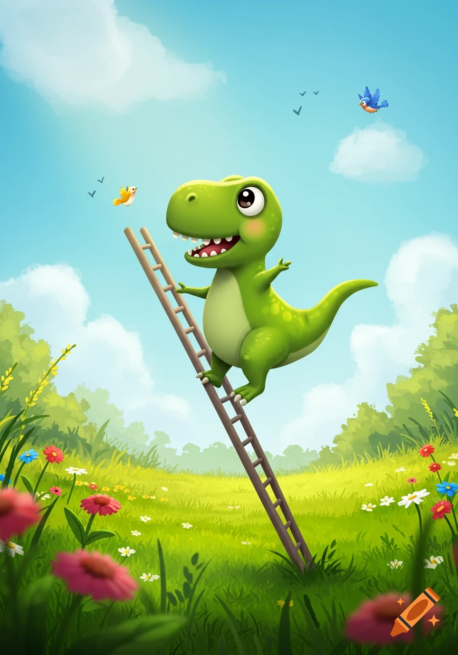 A cute green cartoon dinosaur smiles while climbing a wooden ladder in a vibrant field with flowers, birds, and a blue sky.