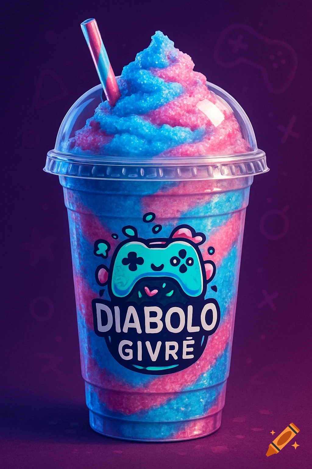 Vibrant blue and pink swirled slushy drink in a clear cup with a cartoon game controller logo, a striped straw, on a purple background.