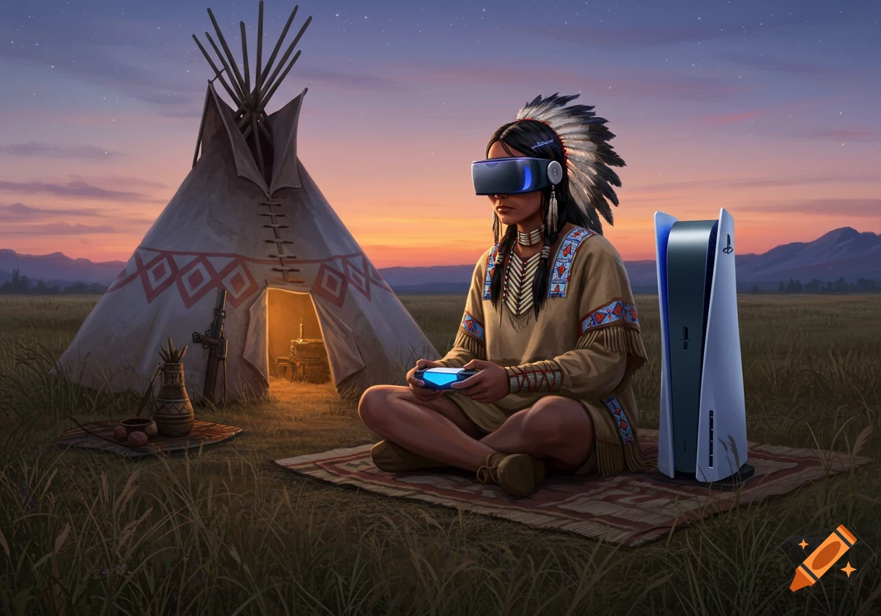 Native American person in traditional attire playing VR game with controller and PS5 outside a teepee at sunset, realistic illustration.