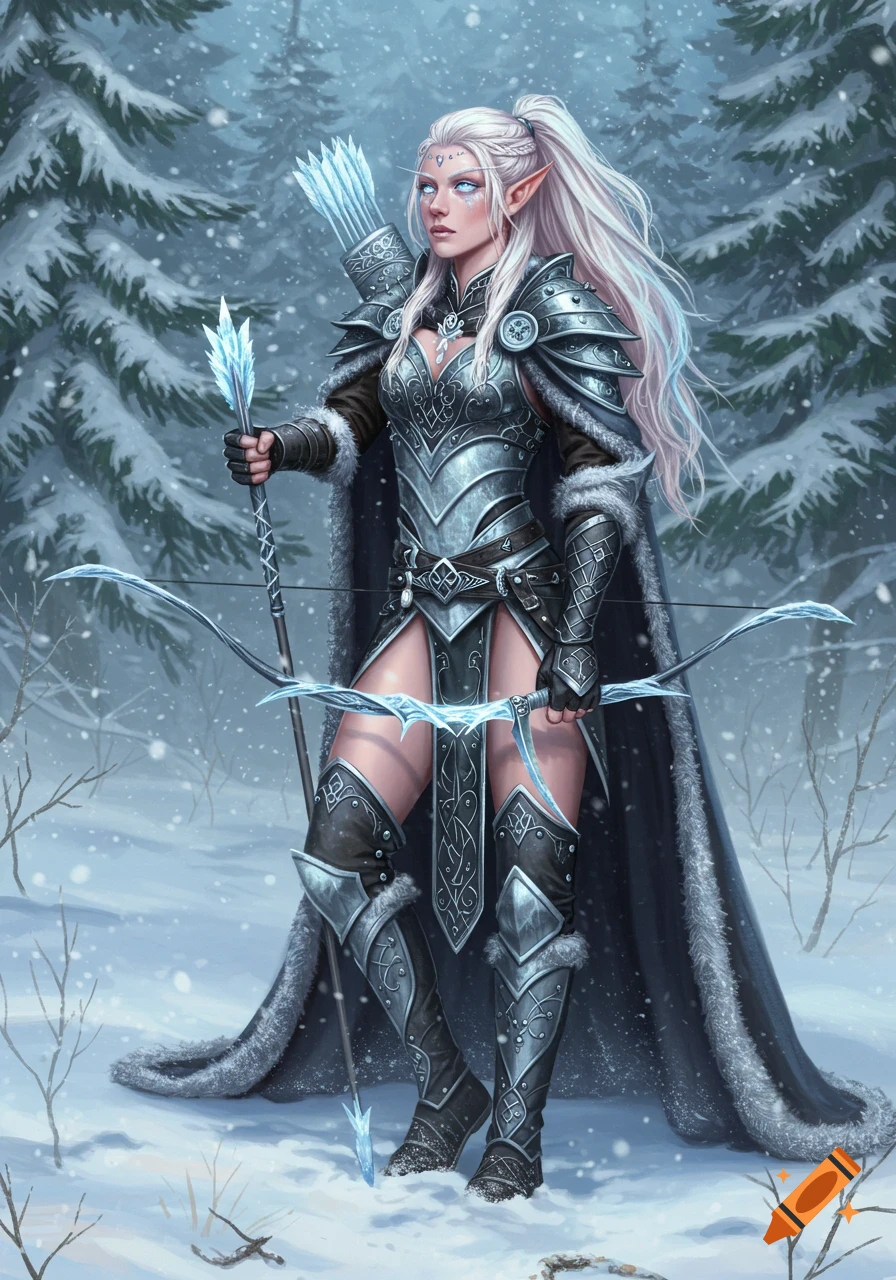 An elven woman in detailed armor and a fur-lined cloak stands in a snowy forest, holding a glowing ice-themed bow and arrow. Style: semi-realistic fantasy art.