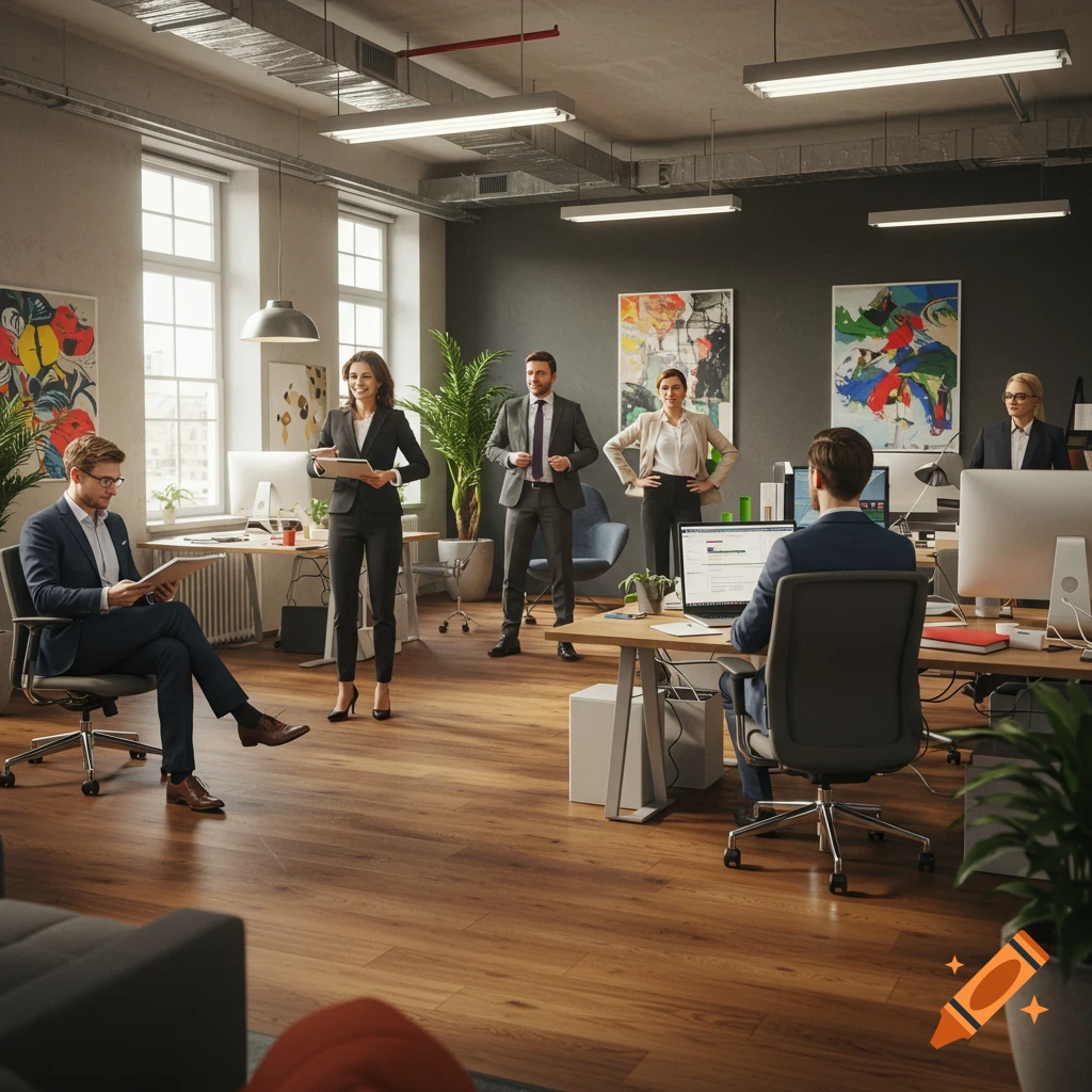 A diverse group of professionals in modern business attire in a bright ...
