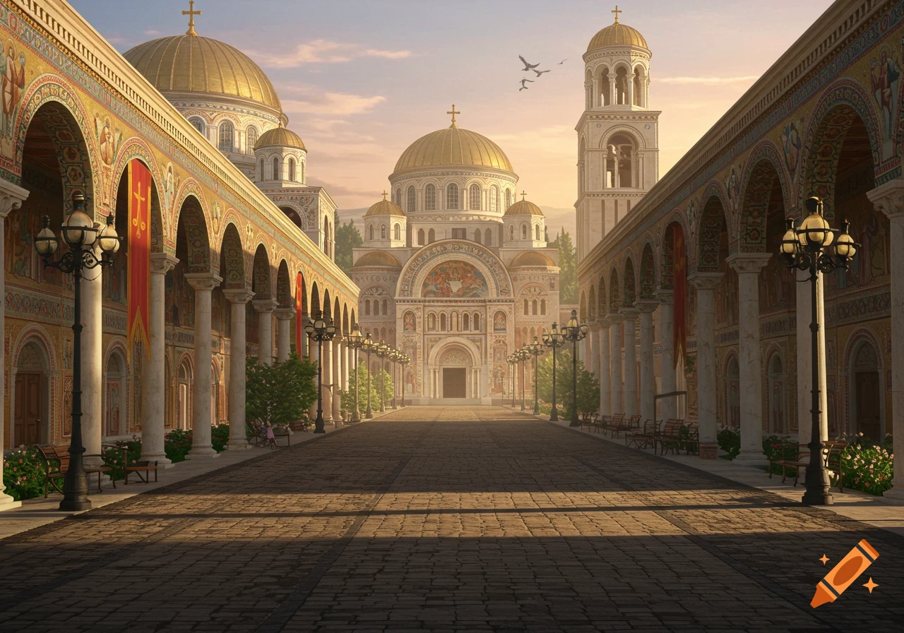 Grand symmetrical view of an ornate Byzantine-style church complex with golden domes and a long paved path at sunset.