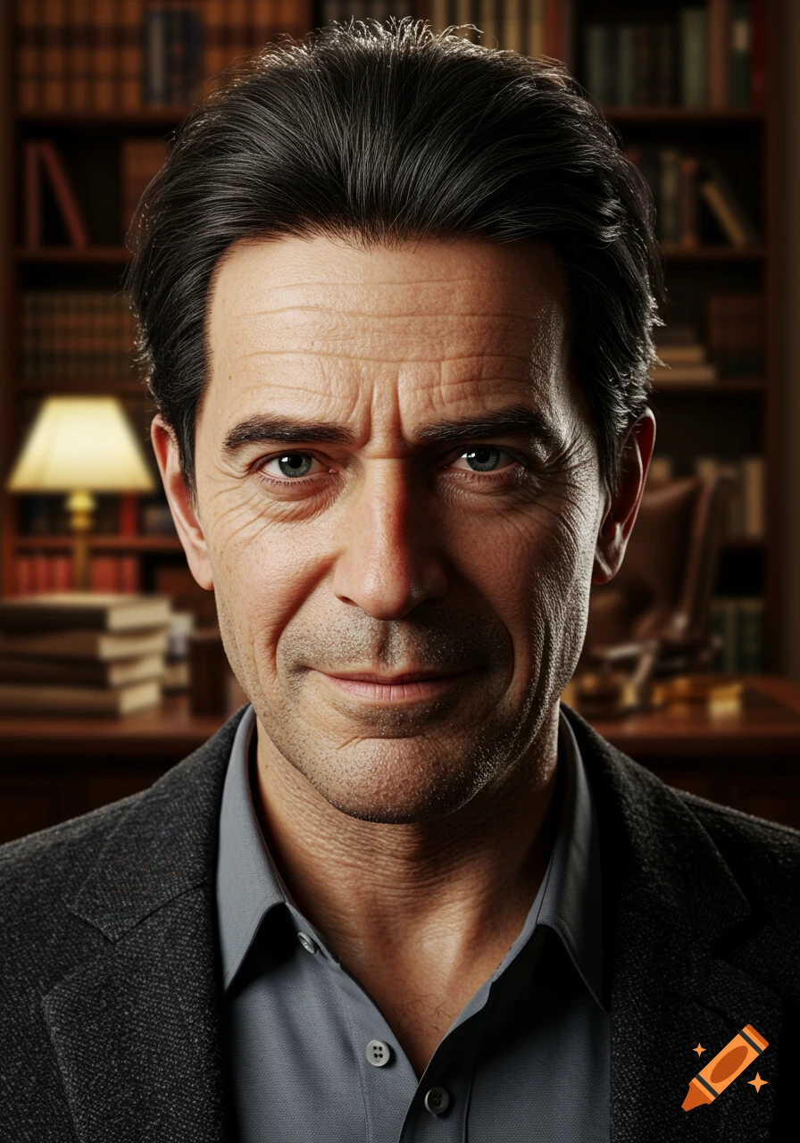 Photorealistic portrait of a mature man with dark hair, blue eyes, and a subtle smile in a library.