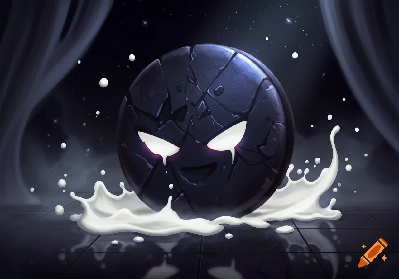 A dark, cracked, spherical character with glowing white eyes and a small smile sits in splashing white liquid, against a dark, starry background.