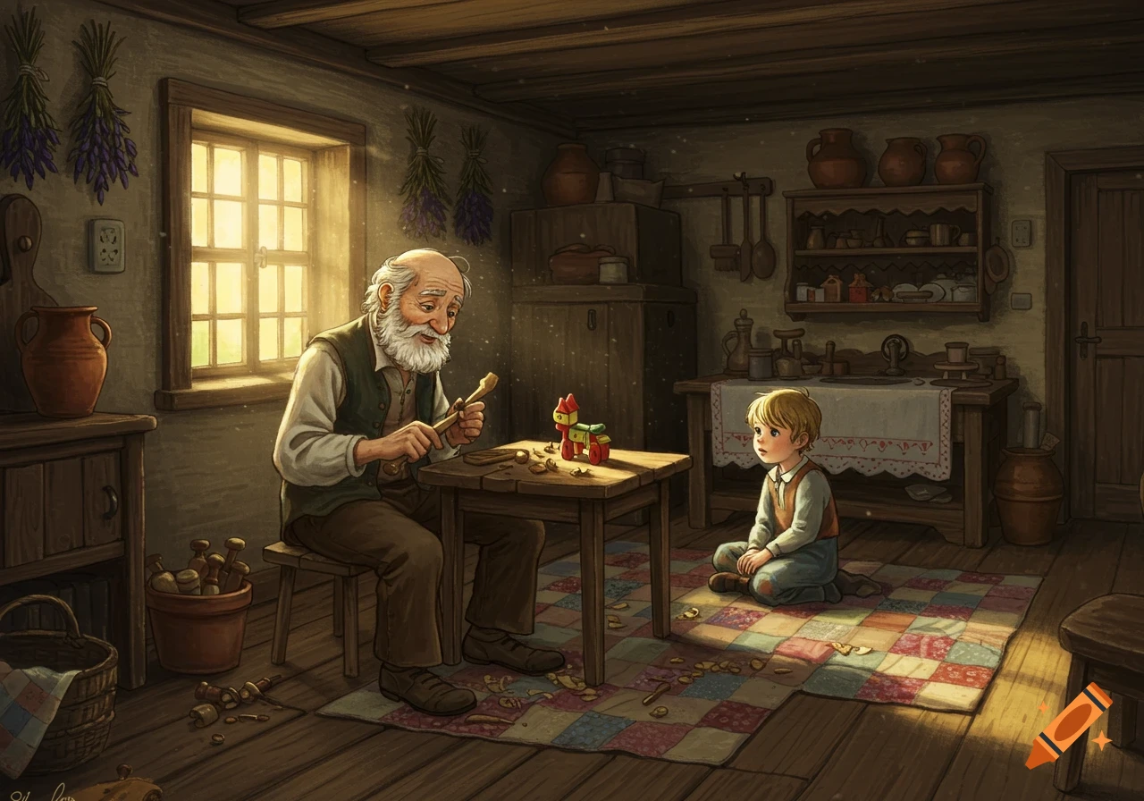 An old man carves wood as a young boy watches, sitting on a colorful quilt in a rustic, sunlit room.